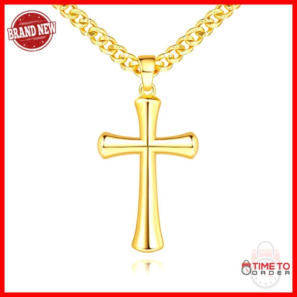 14K Gold Men's Cross Necklace, Bone-Style Pendant, Cuban Chain, 20-24in